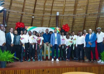 Minister of Culture, Youth and Sport, Charles Ramson Jr, along with Minister within the Ministry of Culture, Youth and Sport, Seven Jacobs and athletes at the cocktail reception