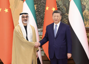 President Xi Jinping meets with Sheikh Khaled bin Mohamed bin Zayed Al Nahyan, crown prince of Abu Dhabi, United Arab Emirates, at the Great Hall of the People in Beijing, April 14, 2026. [Photo/Xinhua]