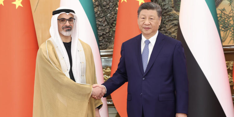 President Xi Jinping meets with Sheikh Khaled bin Mohamed bin Zayed Al Nahyan, crown prince of Abu Dhabi, United Arab Emirates, at the Great Hall of the People in Beijing, April 14, 2026. [Photo/Xinhua]