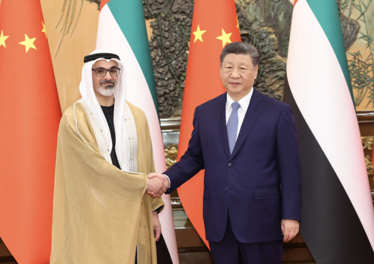 President Xi Jinping meets with Sheikh Khaled bin Mohamed bin Zayed Al Nahyan, crown prince of Abu Dhabi, United Arab Emirates, at the Great Hall of the People in Beijing, April 14, 2026. [Photo/Xinhua]