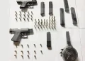 (flashback)firearms, magazines and ammunition recovered after a Highway Patrol South Operations Team intercepted a white Kia K2700 with three men on Tuesday. These were from the theft of guns and ammunition from the San Fernando Municipal Police Station on Sunday. In total, 43 firearms and over 900 rounds of assorted ammunition have been recovered.