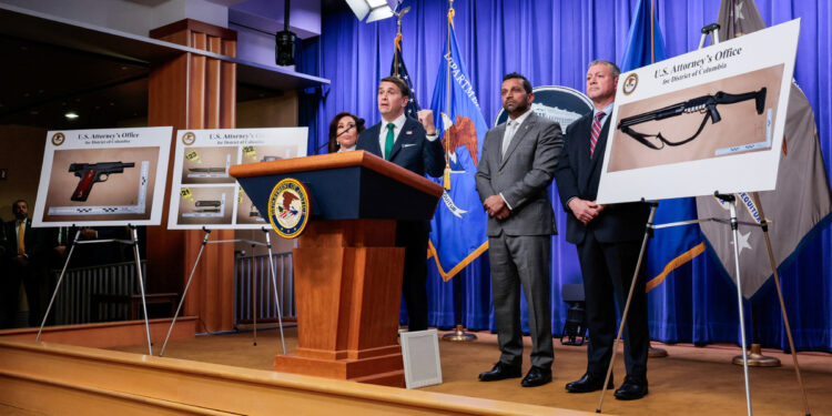 Pictures of the weapons carried by Cole Tomas Allen, the suspect in the shooting incident in Washington at the annual White House Correspondents' Association dinner, are displayed as US Attorney for the District of Columbia Jeanine Pirro, Acting Attorney General Todd Blanche, US Federal Bureau of Investigation (FBI) Director Kash Patel and Assistant Director in Charge (ADIC) of the FBI Washington Field Office Darren Cox take part in a press conference at the US Department of Justice about the shooting incident, in Washington, D.C., US, April 27, 2026. [Photo/Agencies]