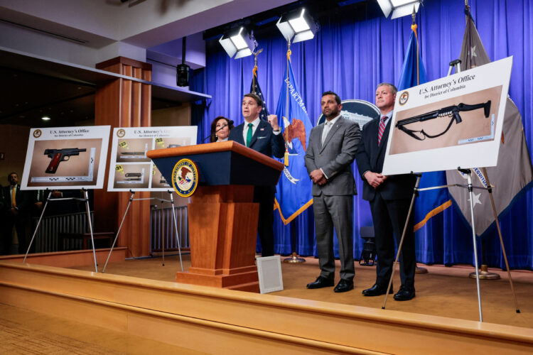 Pictures of the weapons carried by Cole Tomas Allen, the suspect in the shooting incident in Washington at the annual White House Correspondents' Association dinner, are displayed as US Attorney for the District of Columbia Jeanine Pirro, Acting Attorney General Todd Blanche, US Federal Bureau of Investigation (FBI) Director Kash Patel and Assistant Director in Charge (ADIC) of the FBI Washington Field Office Darren Cox take part in a press conference at the US Department of Justice about the shooting incident, in Washington, D.C., US, April 27, 2026. [Photo/Agencies]