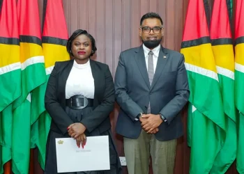 President Dr Mohamed Irfaan Ali with Justice Damone Younge at the swearing ceremony