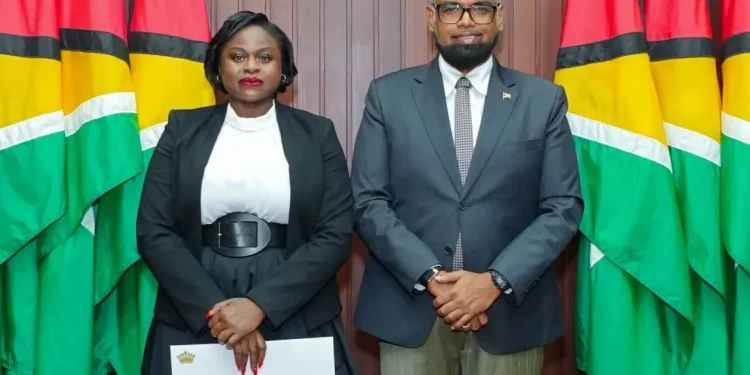 President Dr Mohamed Irfaan Ali with Justice Damone Younge at the swearing ceremony