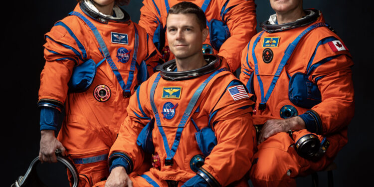Official crew portrait for Artemis II, from left: NASA Astronauts Christina Koch, Victor Glover, Reid Wiseman, Canadian Space Agency Astronaut Jeremy Hansen. PHOTOGRAPHER: Josh Valcarcel