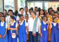 Dr. Carla Barnett, CARICOM Secretary-General shares a light moment with students at the Girls in ICT Day 2026 activities at the CARICOM Secretariat, Thursday, 23 April 2026
