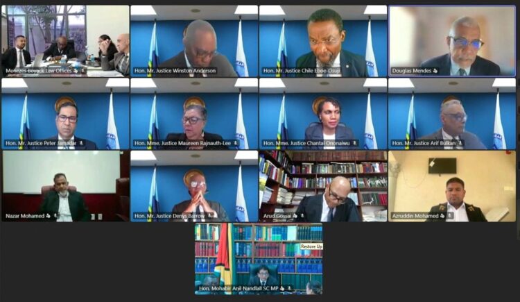 A screenshot from the livestream of the CCJ Hearing of the Application – N. Mohamed and A. Mohamed v Minister of Home Affairs, O. Walrond and others, on Tuesday 21 April 2026. [Image courtesy Caribbean Court of Justice YouTube Channel]
