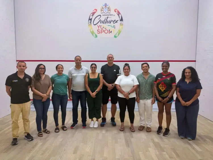 From left: Deje Dias, Roseann Bulkan, Owen Verwey, Ashley Khalil, David Fernandes, Victoria Arjoon, Alex Arjoon, Tian Edwards, Loraine Ince (Guyana Squash Association photo)