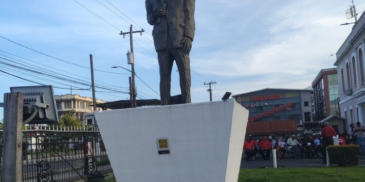 Wreaths laid at Hubert Nathaniel Critchlow statute on April 26, 2026 to mark Labour Week