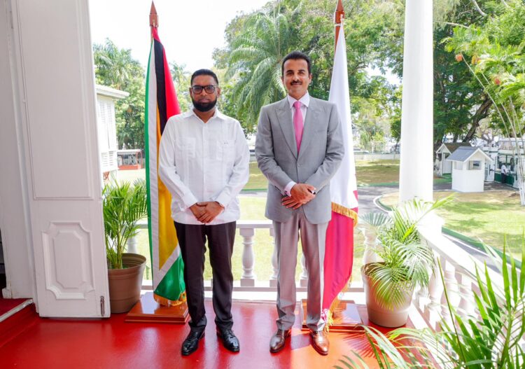 President Dr Mohamed Irfaan Ali and His Highness, Amir Sheikh Tamim bin Hamad Al Thani of Qatar (Facebook photo)