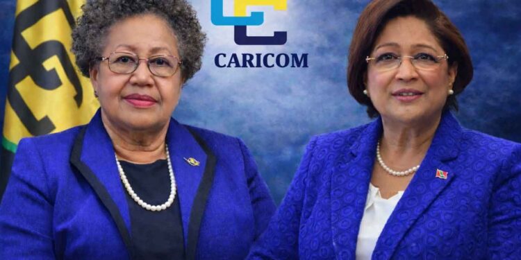 L-R  CARICOM Secretary General Dr. Carla Barnett, Prime Minister Trinidad and Tobago Kamla Persad-Bissessar