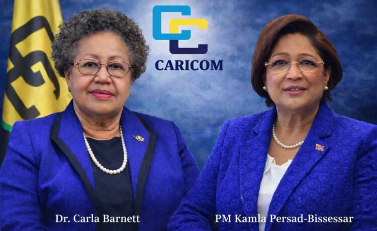 L-R CARICOM Secretary General Dr. Carla Barnett, Prime Minister Trinidad and Tobago Kamla Persad-Bissessar