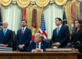From left, Israeli Ambassador to the US Yechiel Leiter, Vice President JD Vance, Secretary of State Marco Rubio, and Lebanese Ambassador to the US Nada Hamadeh Moawad, listen to President Donald Trump speak in the Oval Office at the White House, Thursday, April 23, 2026, in Washington. /Mark Schiefelbein/AP