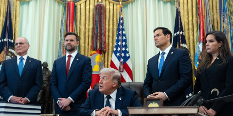 From left, Israeli Ambassador to the US Yechiel Leiter, Vice President JD Vance, Secretary of State Marco Rubio, and Lebanese Ambassador to the US Nada Hamadeh Moawad, listen to President Donald Trump speak in the Oval Office at the White House, Thursday, April 23, 2026, in Washington. /Mark Schiefelbein/AP