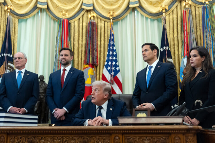 From left, Israeli Ambassador to the US Yechiel Leiter, Vice President JD Vance, Secretary of State Marco Rubio, and Lebanese Ambassador to the US Nada Hamadeh Moawad, listen to President Donald Trump speak in the Oval Office at the White House, Thursday, April 23, 2026, in Washington. /Mark Schiefelbein/AP