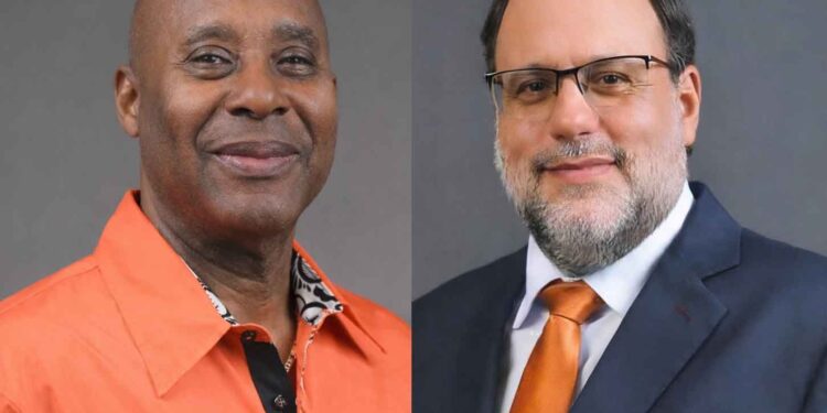Senator Dennis Gordon (left) and PNP President Mark Golding (right)