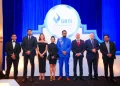 President Dr Mohamed Irfaan Ali, First Lady Arya Ali, Senior Minister within the Office of the President with Responsibility for Finance Dr Ashni Singh, Minister of Culture, Youth and Sports Charles Ramson Jr and other officials of GBTI at the Anniversary Dinner