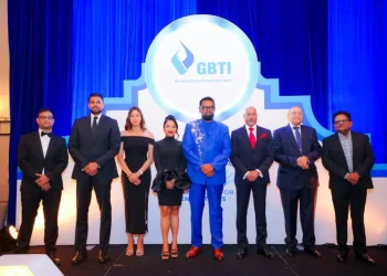 President Dr Mohamed Irfaan Ali, First Lady Arya Ali, Senior Minister within the Office of the President with Responsibility for Finance Dr Ashni Singh, Minister of Culture, Youth and Sports Charles Ramson Jr and other officials of GBTI at the Anniversary Dinner