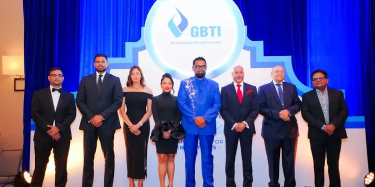 President Dr Mohamed Irfaan Ali, First Lady Arya Ali, Senior Minister within the Office of the President with Responsibility for Finance Dr Ashni Singh, Minister of Culture, Youth and Sports Charles Ramson Jr and other officials of GBTI at the Anniversary Dinner