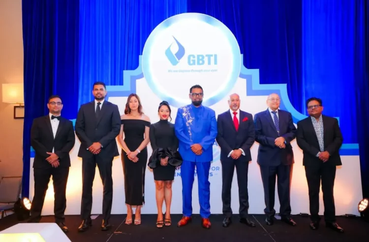 President Dr Mohamed Irfaan Ali, First Lady Arya Ali, Senior Minister within the Office of the President with Responsibility for Finance Dr Ashni Singh, Minister of Culture, Youth and Sports Charles Ramson Jr and other officials of GBTI at the Anniversary Dinner
