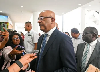 Vice President Dr Bharrat Jagdeo engaging reporters at the Arthur Chung Conference Centre on Monday