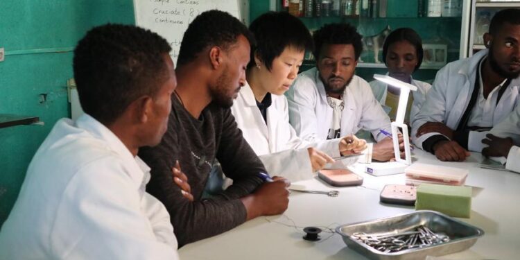 Chinese instructor Ma Yujie (3rd L) demonstrates surgical suturing skills at a lab of Holeta Polytechnic College in the Holeta town of Oromia region, Ethiopia, May 14, 2026. (Xinhua/Liu Fangqiang)