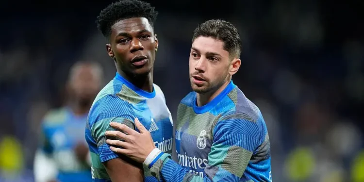 Federico Valverde (right) went to hospital with a head injury after a dressing room row with Aurelien Tchouameni