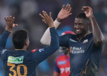 Jason Holder got the big wicket of Shreyas Iyer on his way to a four-wicket haul•Associated Press