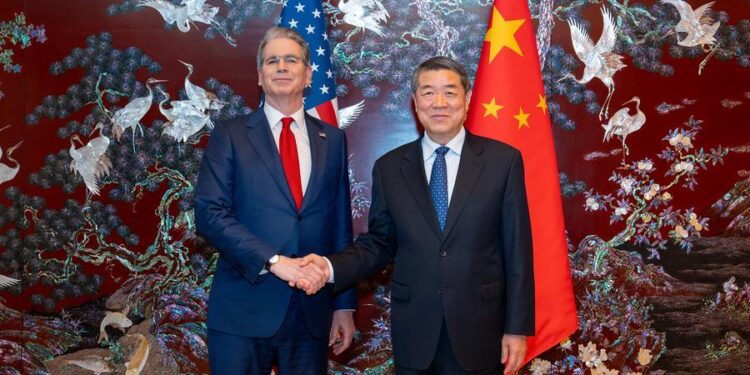 Chinese Vice-Premier He Lifeng, also a member of the Political Bureau of the Communist Party of China Central Committee, shakes hands with US Treasury Secretary Scott Bessent prior to their consultations in South Korea, May 13, 2026. [Photo/Xinhua]