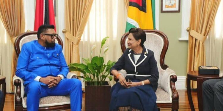 L-R Guyana President Irfaan Ali , T&T Prime Minister Kamla Persad-Bissessar