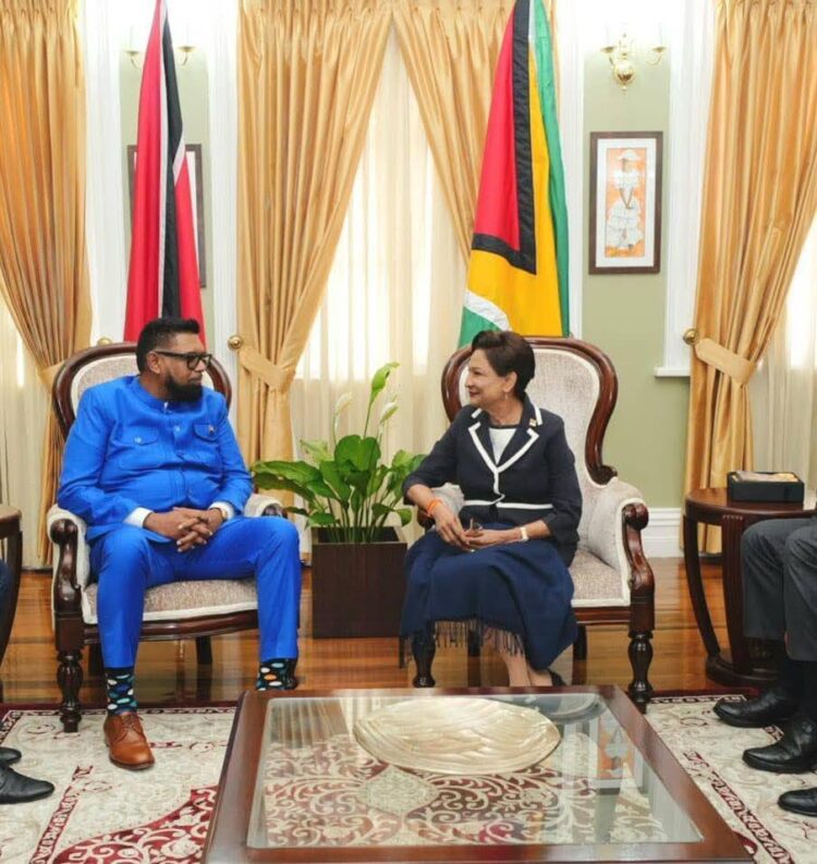 L-R Guyana President Irfaan Ali , T&T Prime Minister Kamla Persad-Bissessar