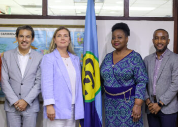 CARICOM Team: Beverly Harry-Emmanuel, Advisor, Social Development (Third from right), Davion Leslie, Programme Manager, Human Resource Development (second from right) and Dr Serena Bender-Pelswijk, Deputy Programme Manager, Health Sector Development. UNICEF Team: Anna Azayeva Valente, Representative OIC for Guyana and Suriname (Third from left), Francesco Amgrogetti – Regional Advisor- Partnerships Latin America and the Caribbean (second from left) and Dr Loria-Mae Heywood, Child Protection Specialist – UNICEF Guyana