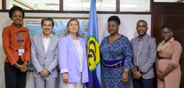 CARICOM Team: Beverly Harry-Emmanuel, Advisor, Social Development (Third from right), Davion Leslie, Programme Manager, Human Resource Development (second from right) and Dr Serena Bender-Pelswijk, Deputy Programme Manager, Health Sector Development. UNICEF Team: Anna Azayeva Valente, Representative OIC for Guyana and Suriname (Third from left), Francesco Amgrogetti – Regional Advisor- Partnerships Latin America and the Caribbean (second from left) and Dr Loria-Mae Heywood, Child Protection Specialist – UNICEF Guyana
