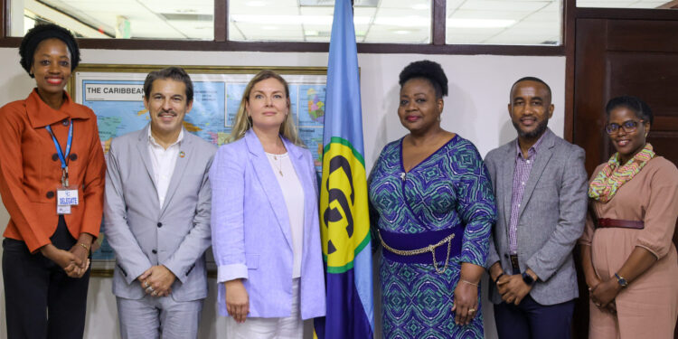 CARICOM Team: Beverly Harry-Emmanuel, Advisor, Social Development (Third from right), Davion Leslie, Programme Manager, Human Resource Development (second from right) and Dr Serena Bender-Pelswijk, Deputy Programme Manager, Health Sector Development. UNICEF Team: Anna Azayeva Valente, Representative OIC for Guyana and Suriname (Third from left), Francesco Amgrogetti – Regional Advisor- Partnerships Latin America and the Caribbean (second from left) and Dr Loria-Mae Heywood, Child Protection Specialist – UNICEF Guyana