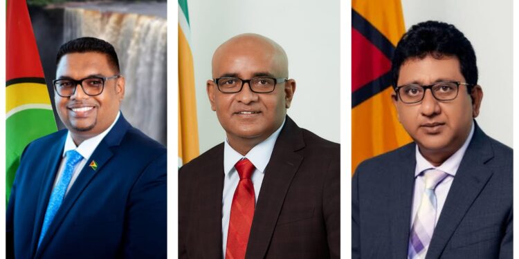 L-R President Irfaan Ali, Vice President Bharrat Jagdeo, Attorney General Anil Nandlall S.C
