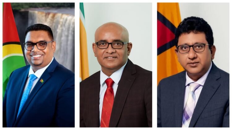 L-R President Irfaan Ali, Vice President Bharrat Jagdeo, Attorney General Anil Nandlall S.C