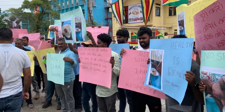 Indian national workers employed at EKAA Quarry protesting the Ministry of Labour today (WIN photo)