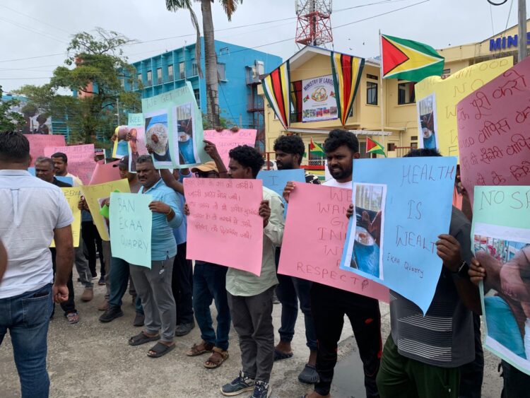 Indian national workers employed at EKAA Quarry protesting the Ministry of Labour today (WIN photo)