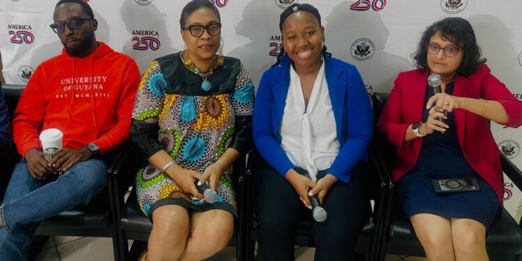 L-R Brian Smith, CEO, DragonFly Drones; Dr. Karen Abrams, Executive Director, STEM Guyana;  Dr. Andreasa Morris-Martin, Head of Department, Computer Science, University of GuyanaDr. Gyanpriya Maharaj, Director, Centre for Study of Biological Diversity, University of Guyana