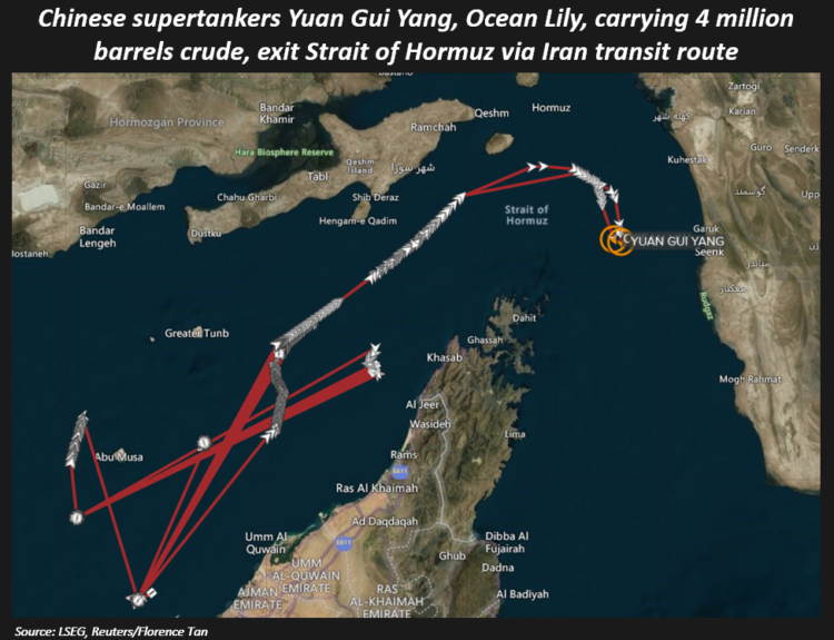 Chinese supertankers Yuan Gui Yang, Ocean Lily, carrying 4 million barrels crude, exit Strait of Hormuz via Iran transit route