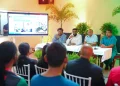 President Dr Mohamed Irfaan Ali, flanked by Barbados Prime Minister Mia Mottley and Minister of Health Dr Frank Anthony, and a member of the surgical team, speaking with reporters