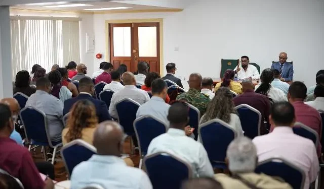 President Irfaan Ali and Vice President Bharrat Jagdeo addressing the audience