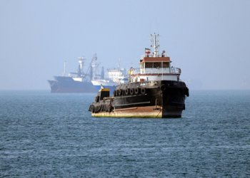 The Iran-flagged tugboat Basim sails near a ship anchored in the Strait of Hormuz off Bandar Abbas in southern Iran, May 4, 2026. /VCG