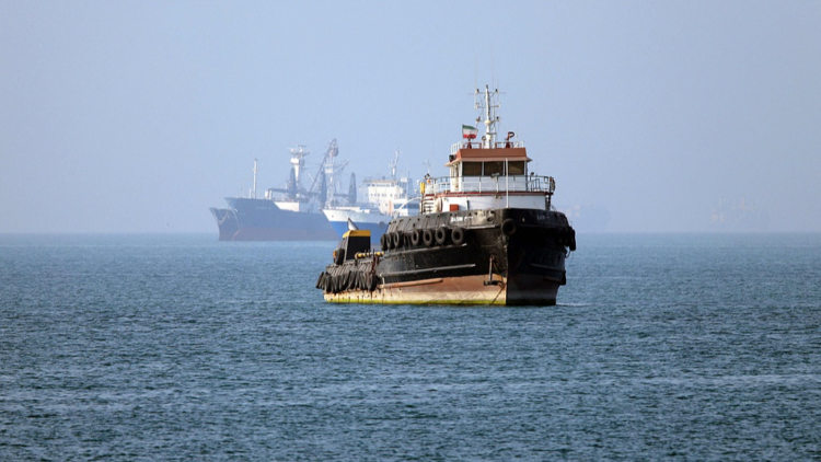 The Iran-flagged tugboat Basim sails near a ship anchored in the Strait of Hormuz off Bandar Abbas in southern Iran, May 4, 2026. /VCG