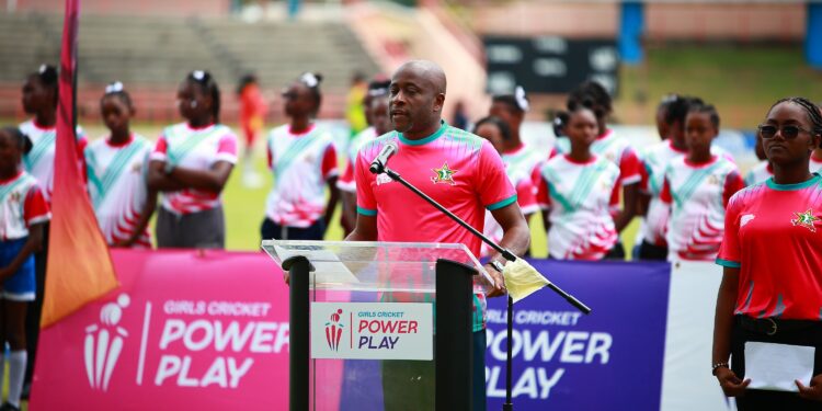 Gilbert addresses a gathering at the National Cricket Stadium during the launch of the Girls Power Play Cricket Programme, held during the Women's International white-ball series vs. Sri Lanka in February/March.