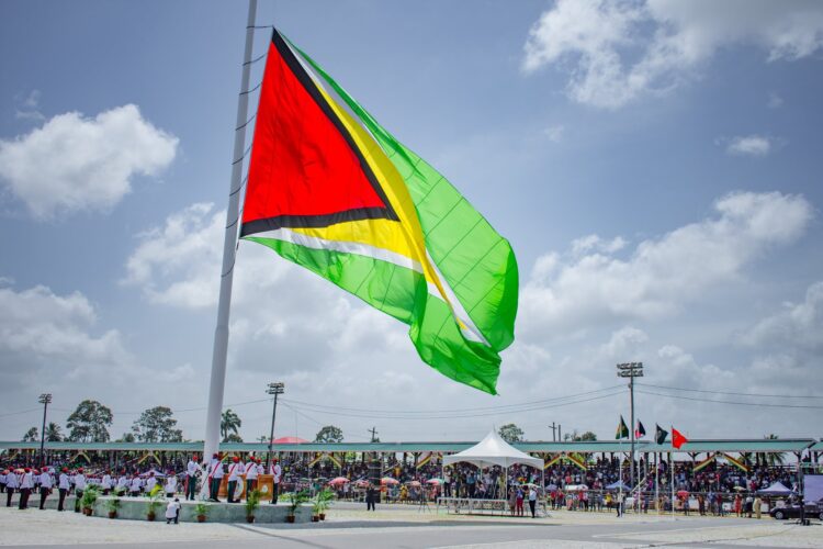 Members of the Guyana Defence Force hoisting the Golden Arrow Head (DPI photo, Feb 20, 2020)