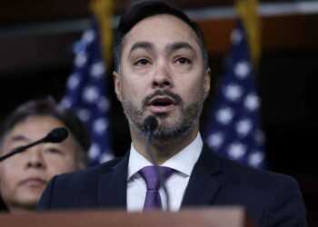 Rep. Joaquin Castro (D-TX) speaks during a press conference held by the members of the Congressional Hispanic Caucus to discuss the immigration executive orders enacted by the Trump administration in the U.S. Capitol on January 23, 2025 in Washington, DC. Photo by Kayla Bartkowski/Getty Images.