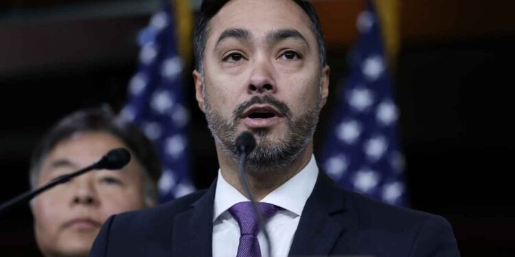 Rep. Joaquin Castro (D-TX) speaks during a press conference held by the members of the Congressional Hispanic Caucus to discuss the immigration executive orders enacted by the Trump administration in the U.S. Capitol on January 23, 2025 in Washington, DC. Photo by Kayla Bartkowski/Getty Images.