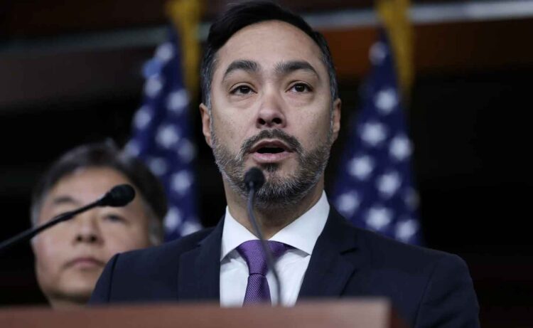 Rep. Joaquin Castro (D-TX) speaks during a press conference held by the members of the Congressional Hispanic Caucus to discuss the immigration executive orders enacted by the Trump administration in the U.S. Capitol on January 23, 2025 in Washington, DC. Photo by Kayla Bartkowski/Getty Images.